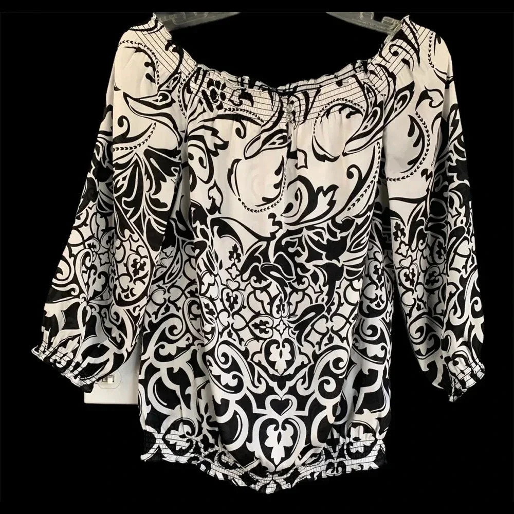 WHBM | Off the Shoulder Satin Print Blouse